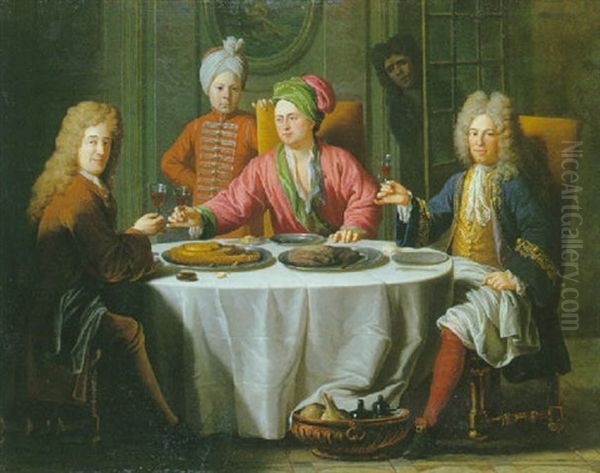 Reunion De Gentilhommes Autour D'une Table Dans Un Interieur Oil Painting by Jacob van Schuppen