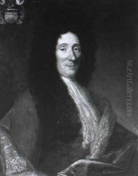 Portrait Of A Gentleman, Half-length In A Brown Coat With A Lace Jabot And A Shawl With A Coat-of-arms by Jacob van Schuppen