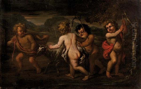 Quatre Putti Jouant Avec Une Chevre Oil Painting by Jean-Louis van Schuppen