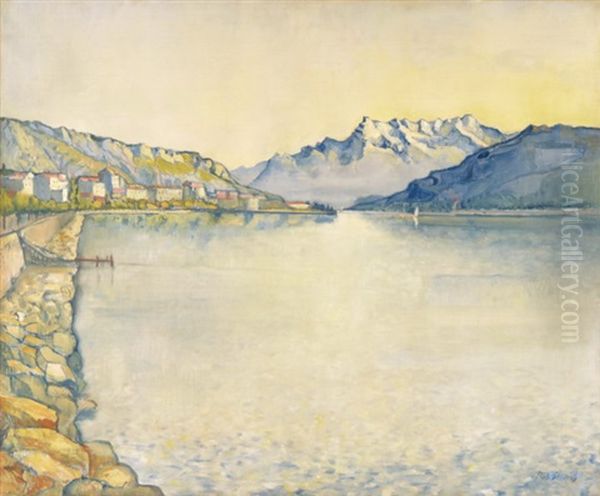 Wohl Thunersee Mit Blick Von Oberhofen Auf Eiger, Monch Und Jungfrau Oil Painting by Johann Robert Schuerch