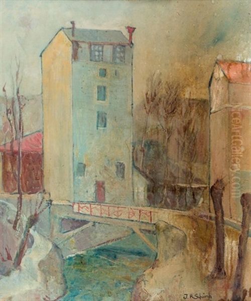 Stadtansicht Mit Kleinem Fluss Oil Painting by Johann Robert Schuerch