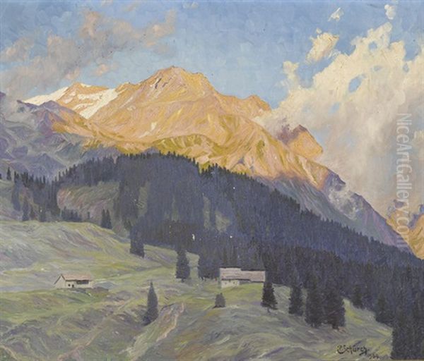 Gebirgspartie Mit Bauernhofen Vor Alpenfirn Oil Painting by Paul Schuerch