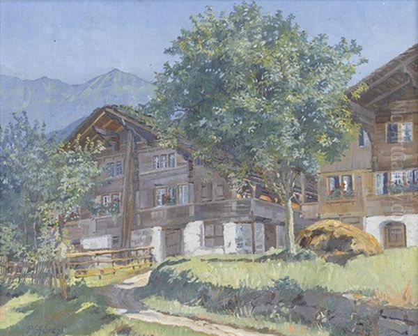 Bauernhauser In Leissigen Oil Painting by Paul Schuerch