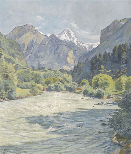 Sommerliche Flusspartie In Einem Alpental Oil Painting by Paul Schuerch