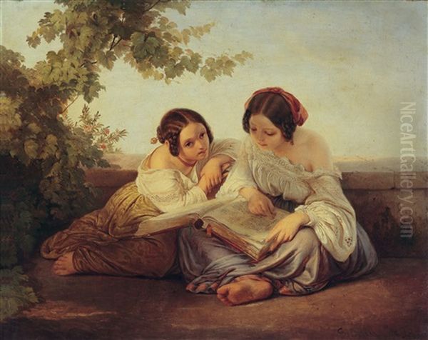 Zwei Lesende Madchen Vor Landschaftshintergrund Oil Painting by Alfred von Schussler