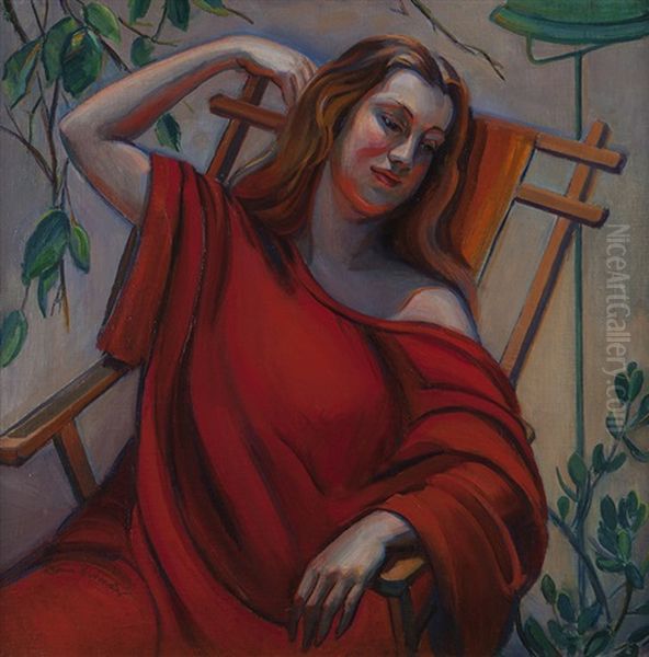 The Woman In Red Oil Painting by Donna N. Schuster