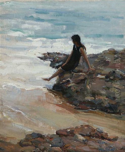 Woman Sitting On Shore Oil Painting by Donna N. Schuster