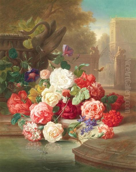 Still Life Of Roses In A Country House Garden Oil Painting by Josef Schuster