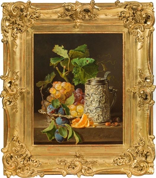 Still Lifes With Fruits And Flowers (counterparts) Oil Painting by Josef Schuster