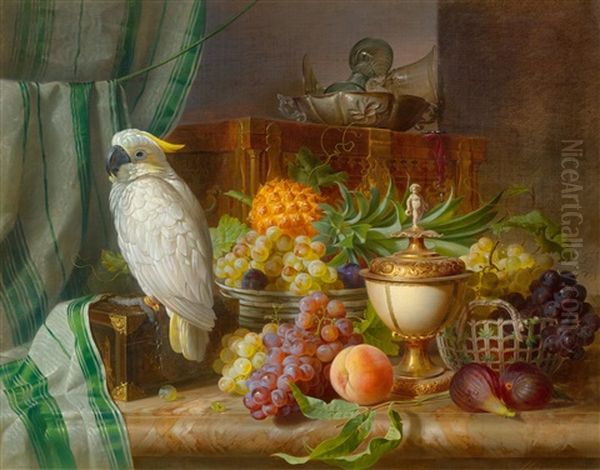 Fruchtestillleben Mit Papagei Oil Painting by Josef Schuster