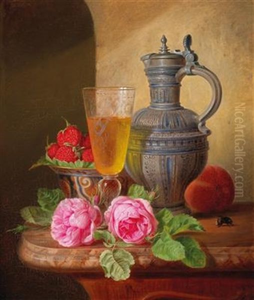 Still Life With Roses And Strawberries Oil Painting by Josef Schuster