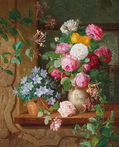 Roses And A Blue Starflower On A Windowsill Oil Painting by Josef Schuster