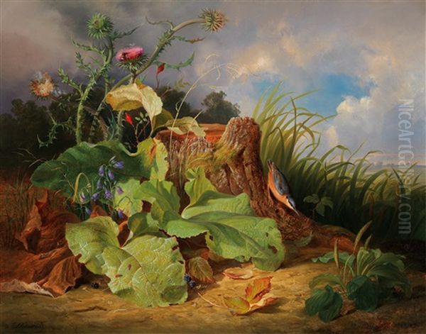 Still Life With Thistle, Harebells, Rosehips And A Nuthatch Oil Painting by Josef Schuster