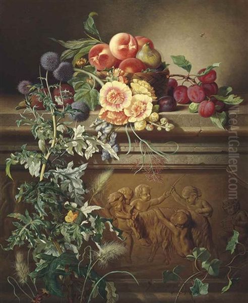 Apples And A Fig In A Basket, Figs And Plums On Stone Ledge Decorated With A Frieze Of Putti And A Goat, With Thistle Oil Painting by Josef Schuster