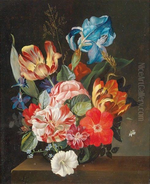 Blumenstuck Mit Tulpen, Rosen, Lilien Und Vergismeinnicht Oil Painting by Josef Schuster