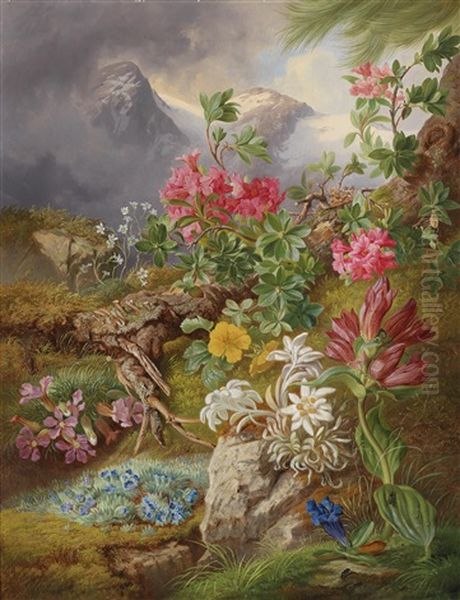 Alpenblumen Vor Einem Gebirgshintergrund Oil Painting by Josef Schuster