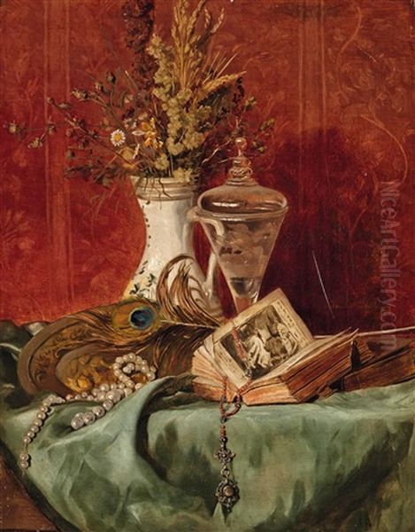 Stillleben Mit Krug, Buch, Perlenkette Und Rosenkranz Oil Painting by Josef Schuster