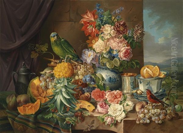 Grosses Stillleben Mit Fruchten, Blumen Und Papagei Oil Painting by Josef Schuster