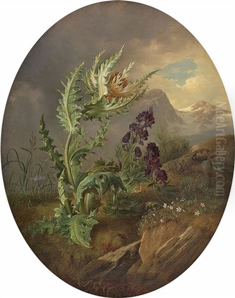 Stillleben Mit Distel Und Alpenblumen Oil Painting by Josef Schuster