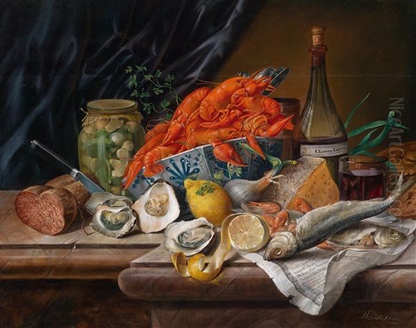 Groses Dekoratives Stillleben Mit Hummer, Austern Und Fischen Oil Painting by Josef Schuster