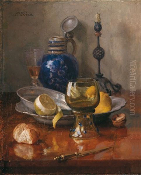 Stilleben Mit Zinnteller, Romer, Bierkrug Und Kerzenleuchter Oil Painting by Josef Schuster