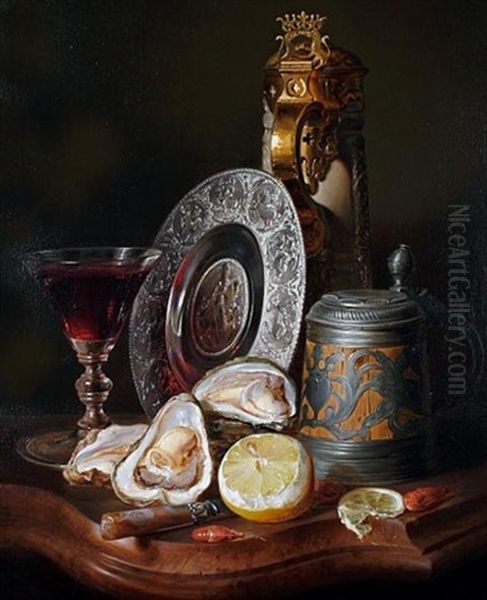 Still Life With Oysters, Prawns, Lemons, Steins, A Goblet And A Charger Oil Painting by Josef Schuster