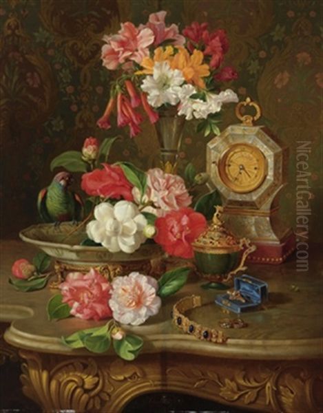 Groses Blumenstilleben Mit Ziergegenstanden Oil Painting by Josef Schuster