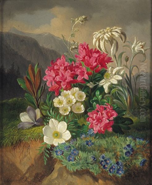 Stilleben Mit Alpenblumen Oil Painting by Josef Schuster