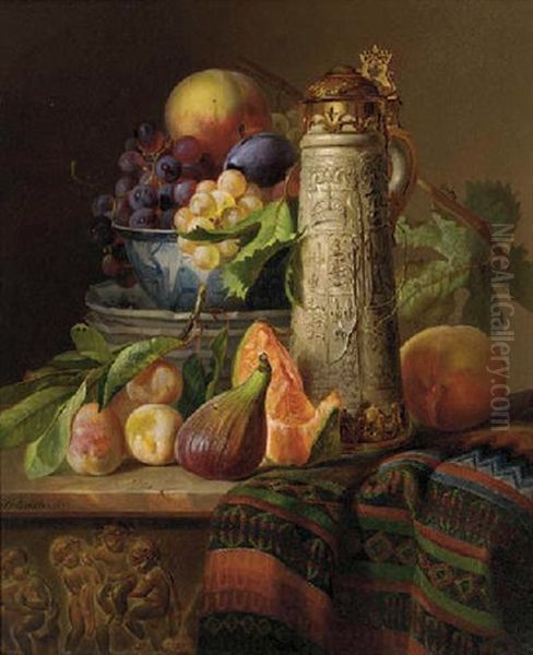 Grapes On The Vine And Peaches In A Bowl, An Ivory Tankard, A Fig, Plums And A Slice Of Melon On A Ledge Oil Painting by Josef Schuster