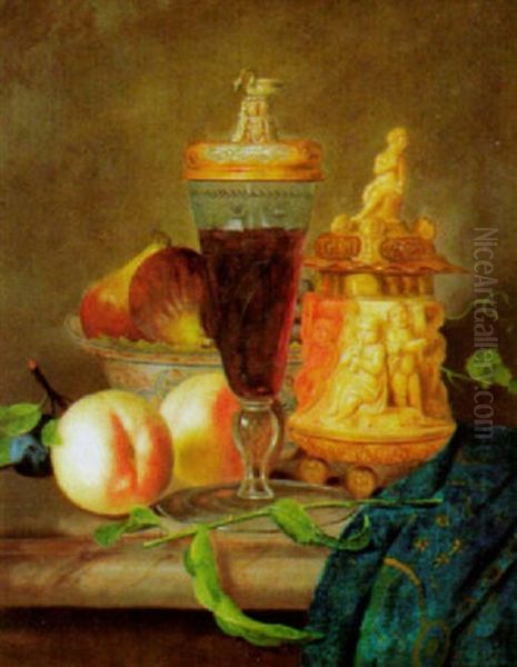 Stilleben Mit Pfirsichen, Feigen Und Weinpokal Oil Painting by Josef Schuster