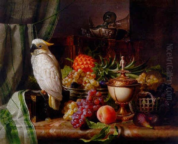 A Cockatoo, Grapes, Figs, Plums, A Pineapple, And A Peach With Other Objects On A Marble Ledge Oil Painting by Josef Schuster