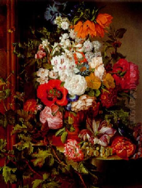 Groses Blumenstuck Mit Fruchten, Vogeln Und Insekten Oil Painting by Josef Schuster