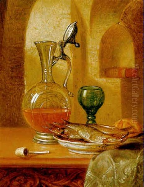 Stilleben Mit Heringen Auf Einem Teller, Geoffnetem Enghalskrug Mit Wein, Romer Und Brot Oil Painting by Josef Schuster