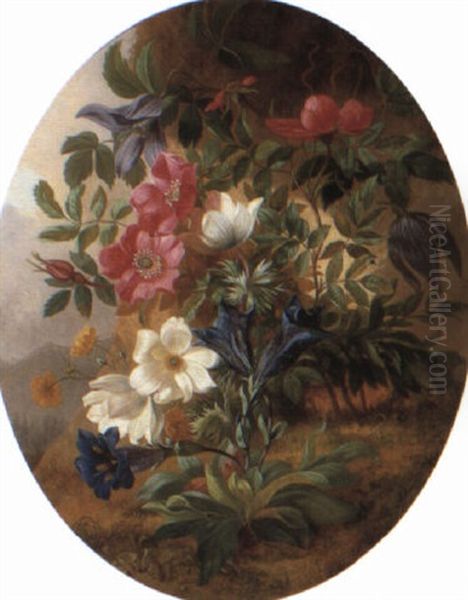 Gentiana, Andrsace And Other Alpine Flowers Oil Painting by Josef Schuster