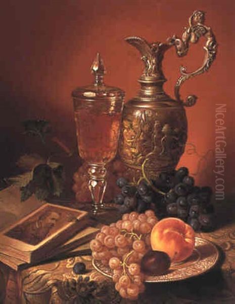 Still Life With Fruit And Artefacts Oil Painting by Josef Schuster