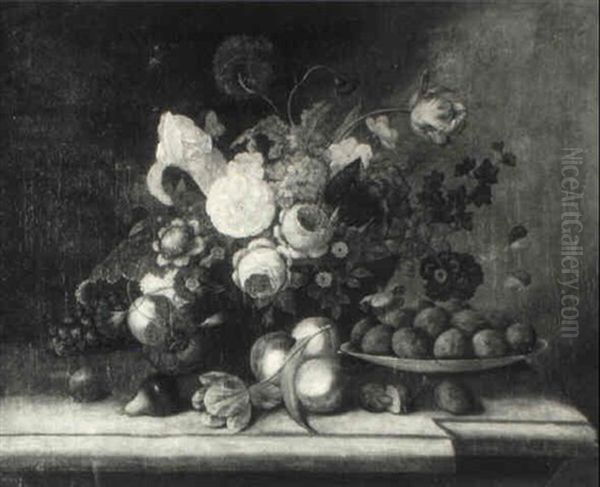 Still Life With Flowers And Fruit Oil Painting by Josef Schuster