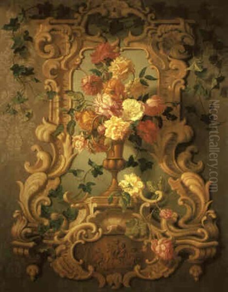 Roses And Ivy In A Golden Urn On A Plinth Oil Painting by Josef Schuster