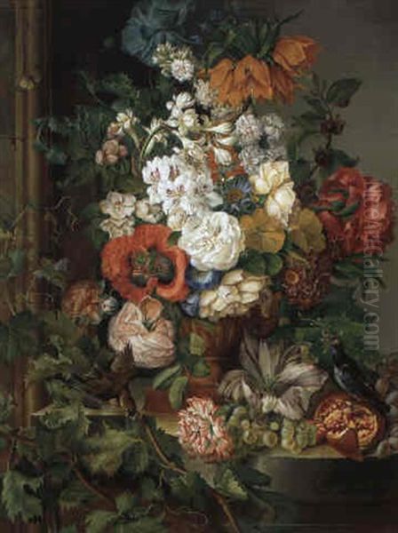 Groses Blumenstuck Mit Fruchten, Vogeln Und Insekten Oil Painting by Josef Schuster