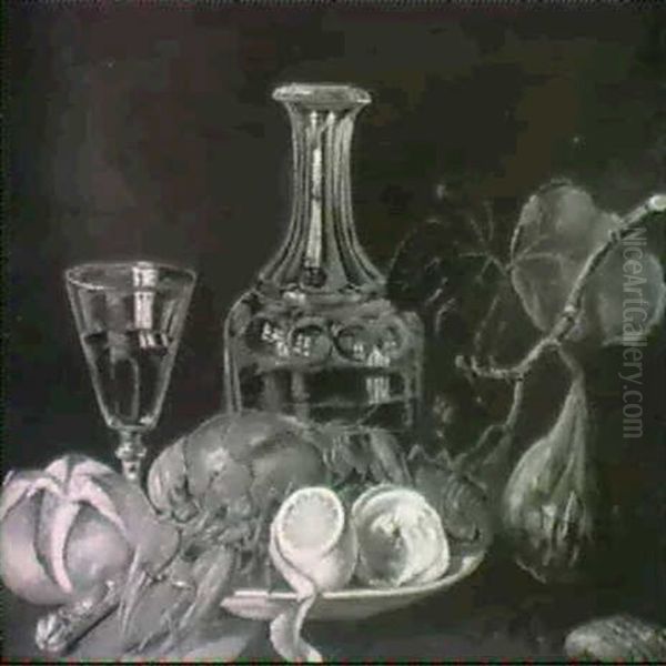 Still Life With Lobsters, A Clam And A Lemon On A Plate, A  Decanter Of Wine, Bread And Fruit On A Table Oil Painting by Josef Schuster