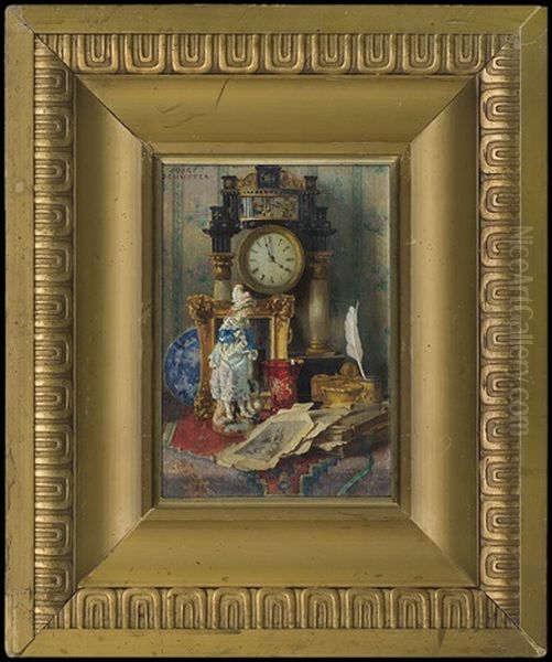 Still Life With A Clock Oil Painting by Joseph Schuster