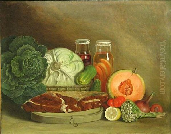 A Still Life With Meat, Cabbage, A Melon And Other Vegetables On A Table Oil Painting by Joseph Schuster