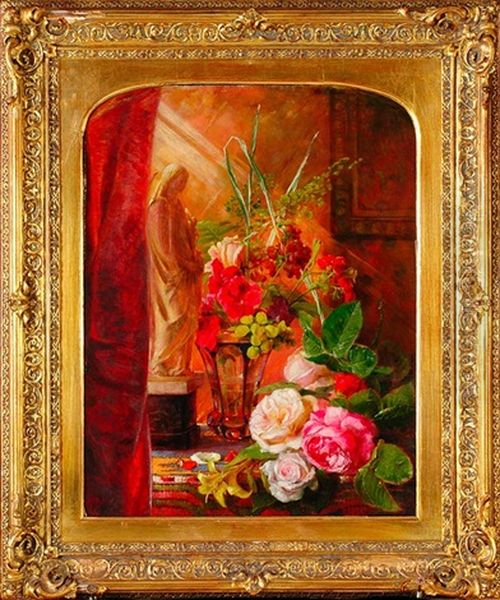 Floral Still Life With An Angel Oil Painting by Joseph Schuster