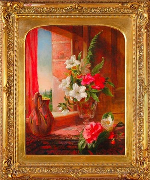 Floral Still Life With A Window Oil Painting by Joseph Schuster