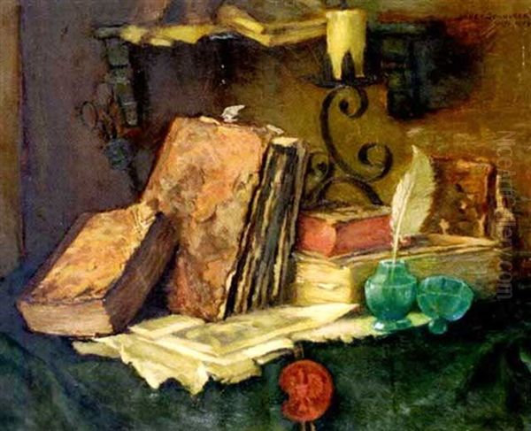 Stillleben Mit Alten Buchern Oil Painting by Joseph Schuster