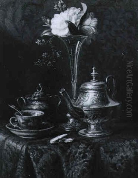 Stilleben Mit Silberkanne Und Rosen Oil Painting by Joseph Schuster