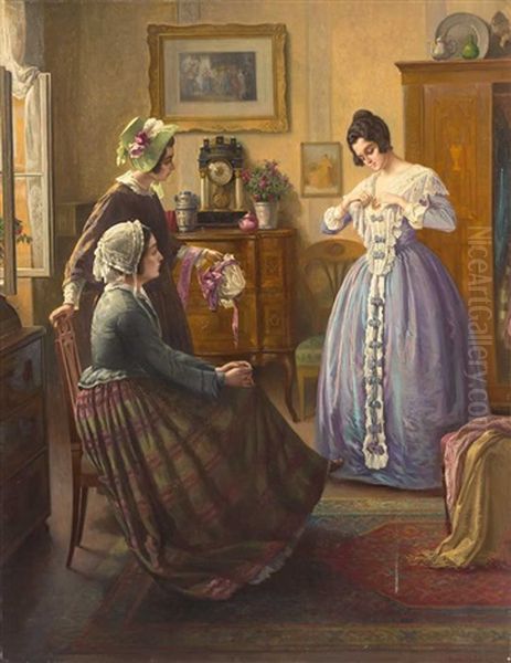 Madchen In Biedermeier-interieur Fuhrt Das Neue Kleid Vor Oil Painting by Karl Maria Schuster