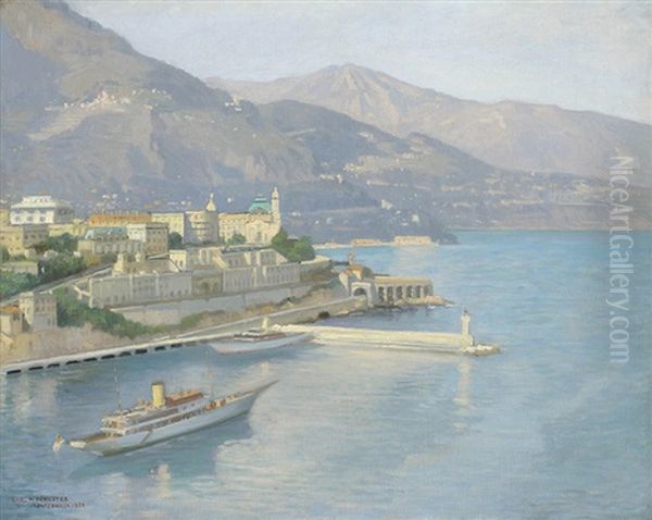 View Of The Harbour Of Monte Carlo Oil Painting by Karl Maria Schuster