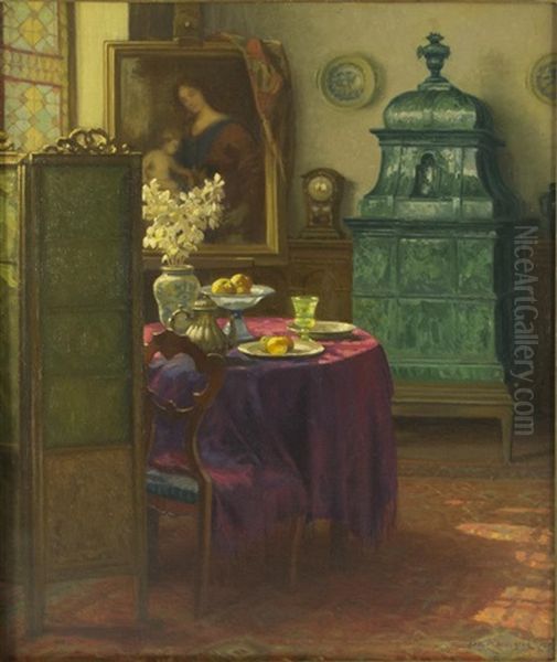 Biedermeierliches Interieur Mit Grunem Kachelofen Oil Painting by Karl Maria Schuster