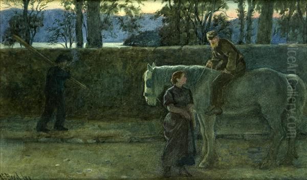 Dusk,figures Conversing In A Lakeside Lane Oil Painting by Alexander Stuart Boyd