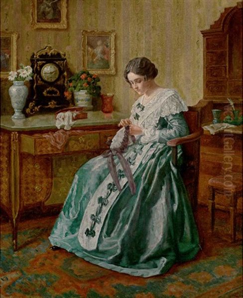 Biedermeiersalon Mit Junger Frau Bei Der Handarbeit Oil Painting by Karl Maria Schuster